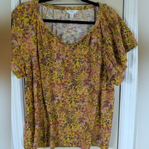 Mustard Yellow Time & Tru Floral Shirt XXL Cotton Knit Tie Front Flutter Sleeve